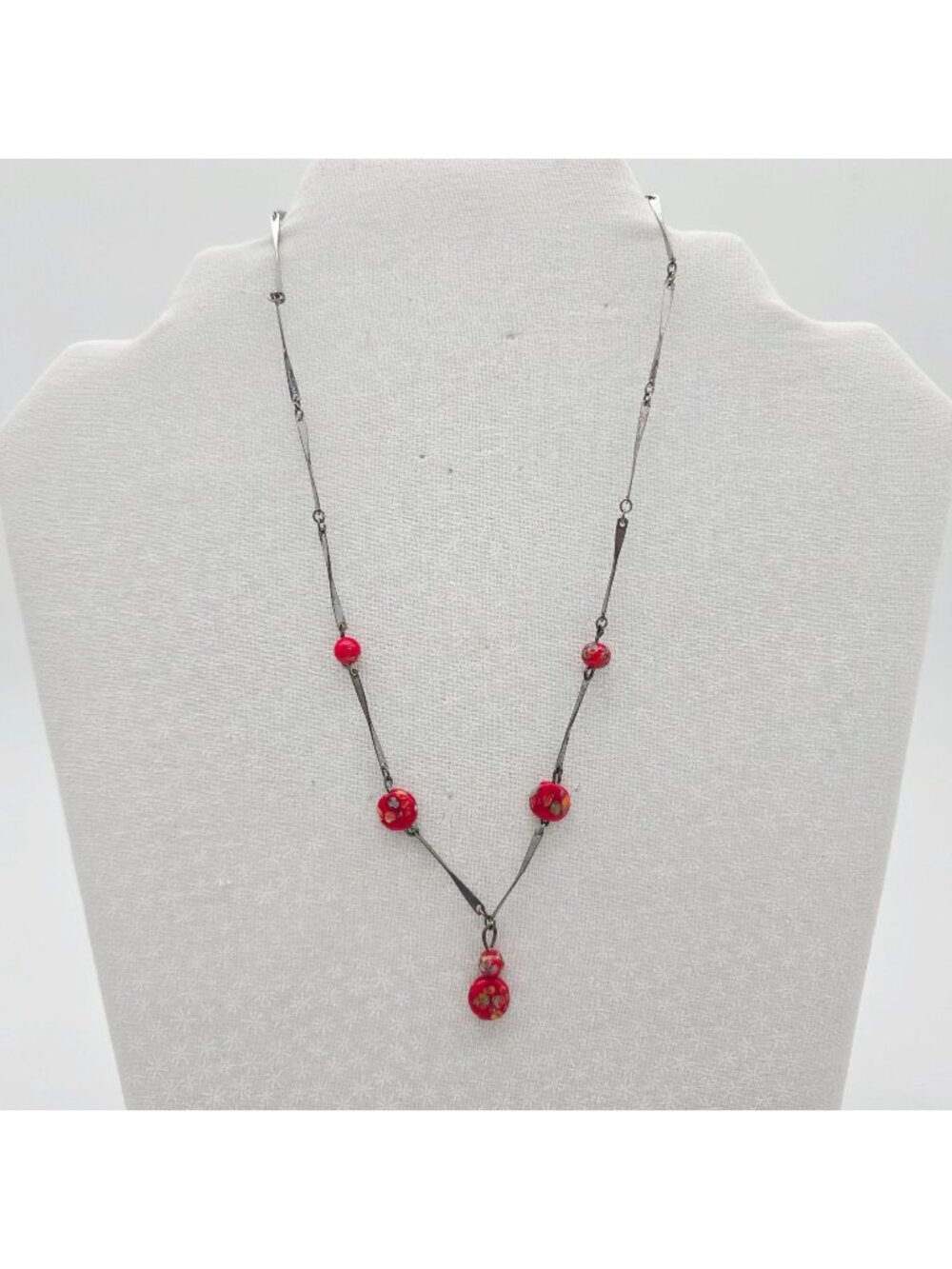 Red Millefiori Glass Bead Necklace With Silver-Tone Chain 16-Inch Length Vintage